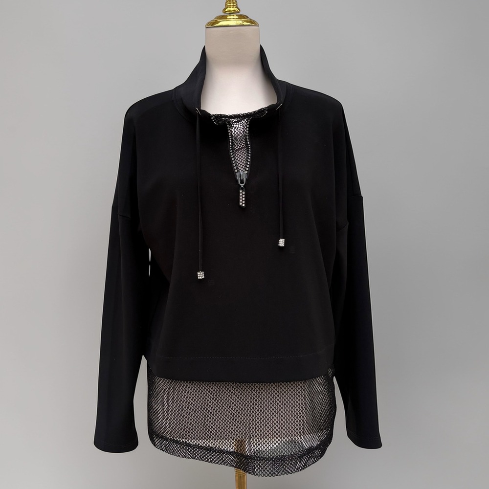 Joseph Ribkoff‎ Mesh Insert Shirt Hem Rhinestone 1/4 Zip Black Mock Neck Grunge